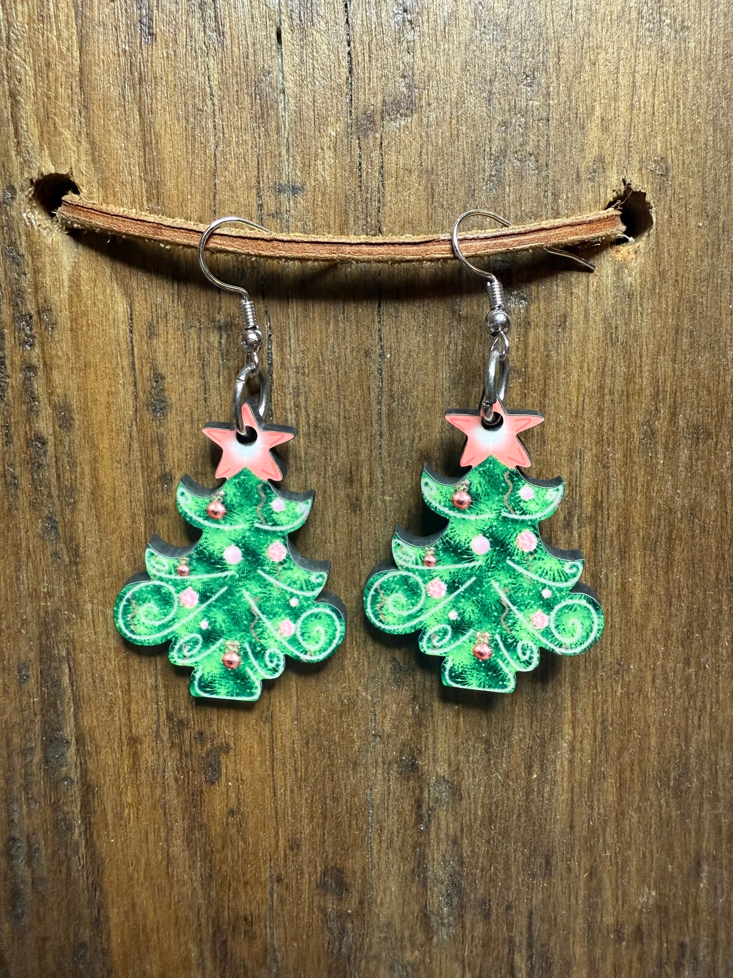 Pink Star Christmas Tree Wood Earrings