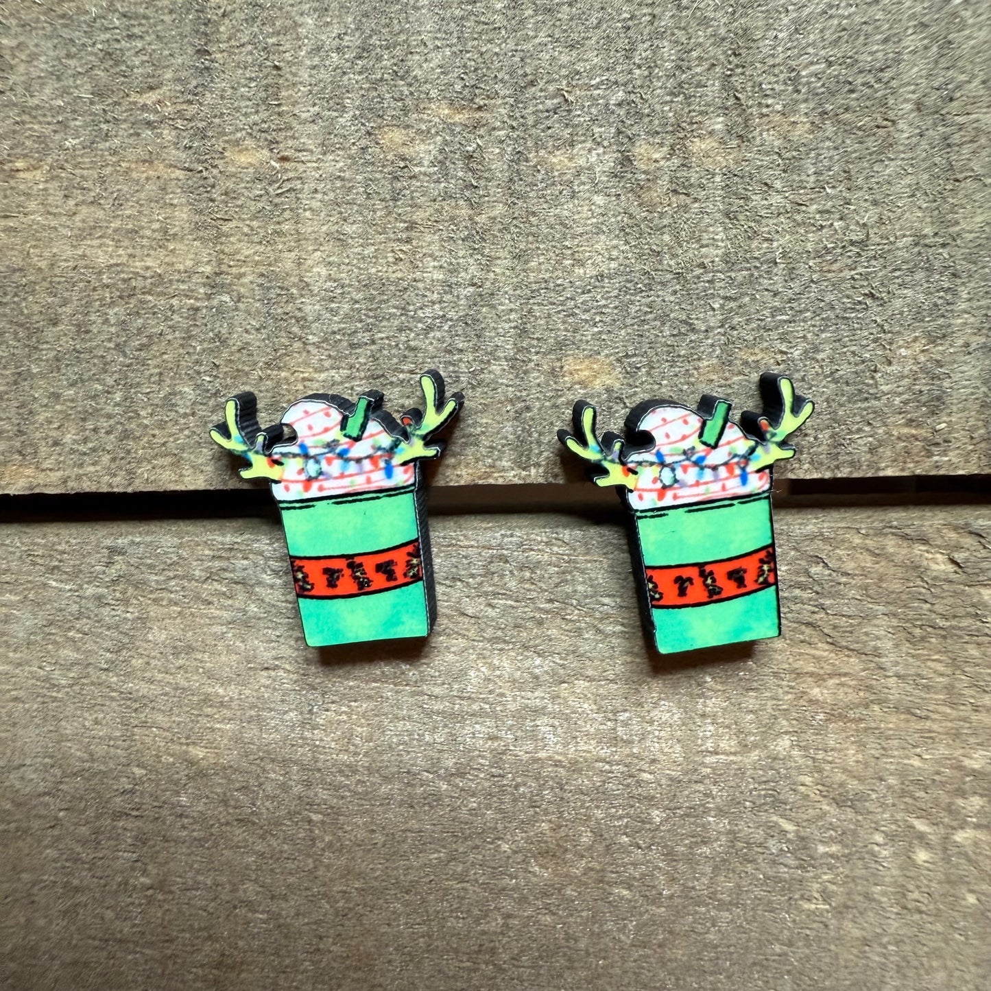 Green Moose Hot Cocoa Mug Wood Stud Earrings