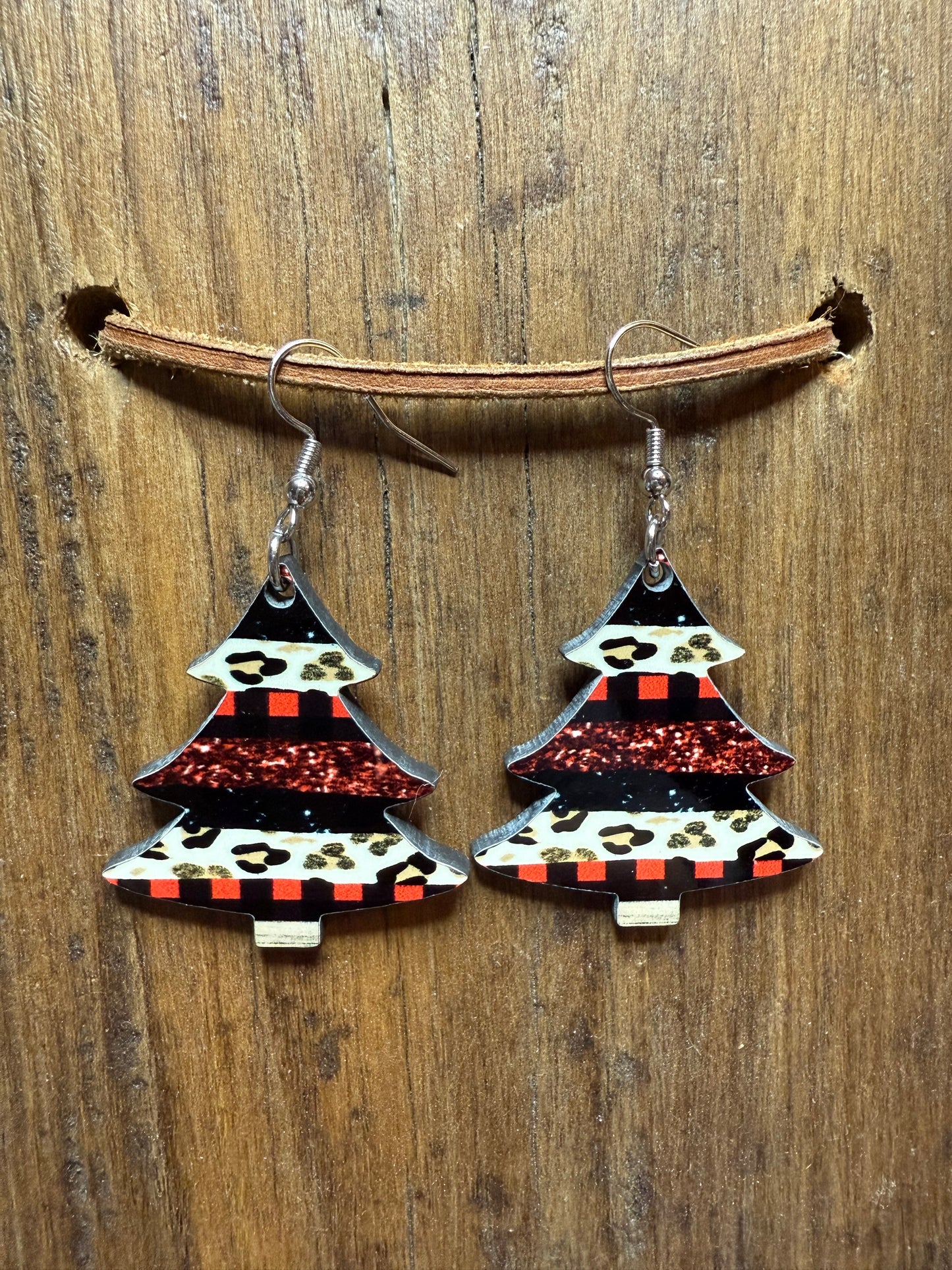 Cheetah Christmas Tree Wood Earrings