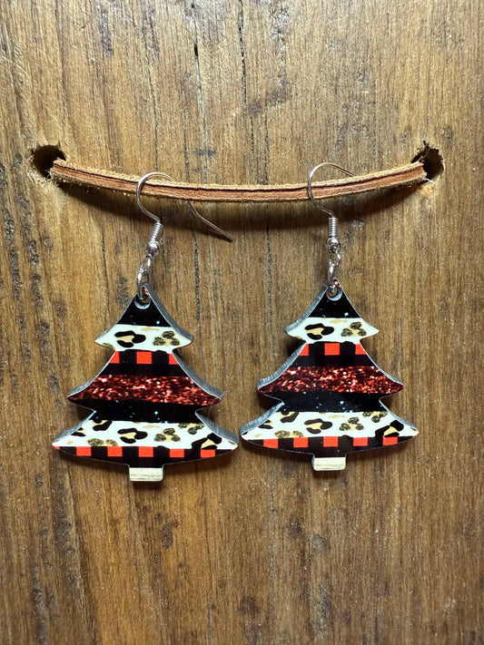 Cheetah Christmas Tree Wood Earrings