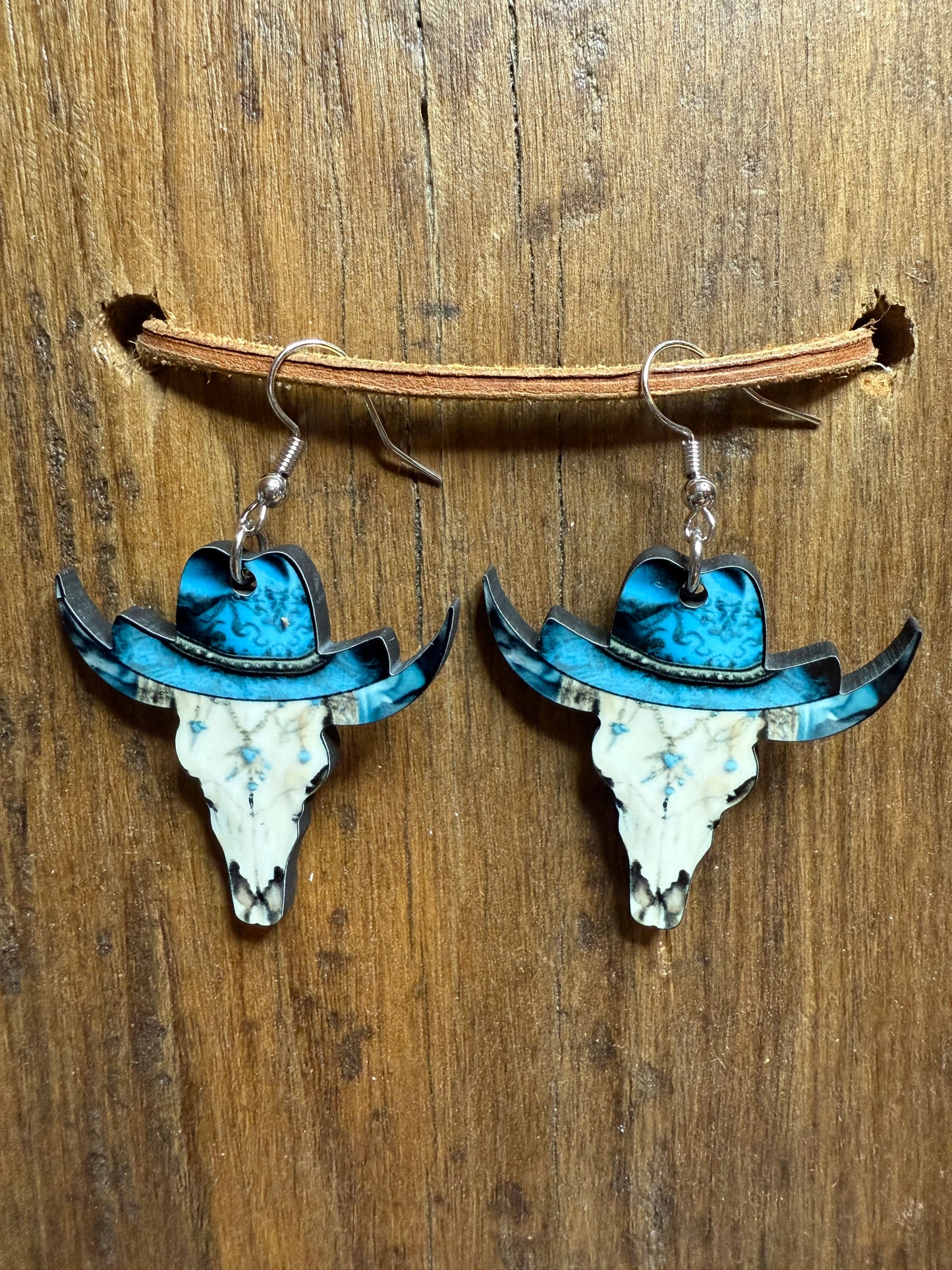 Cowboy Hat Bull Skull Wood Earrings