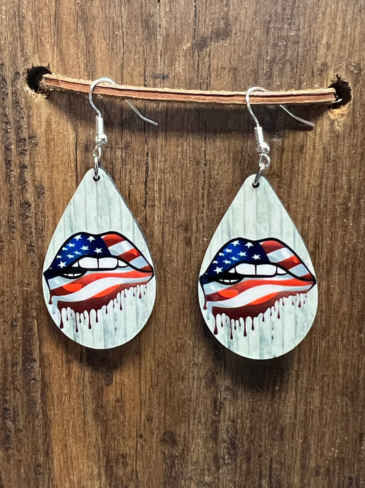 4th of July Lips Wood Earrings