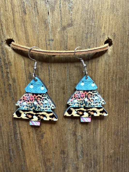 Patchwork Christmas Tree Wood Earrings