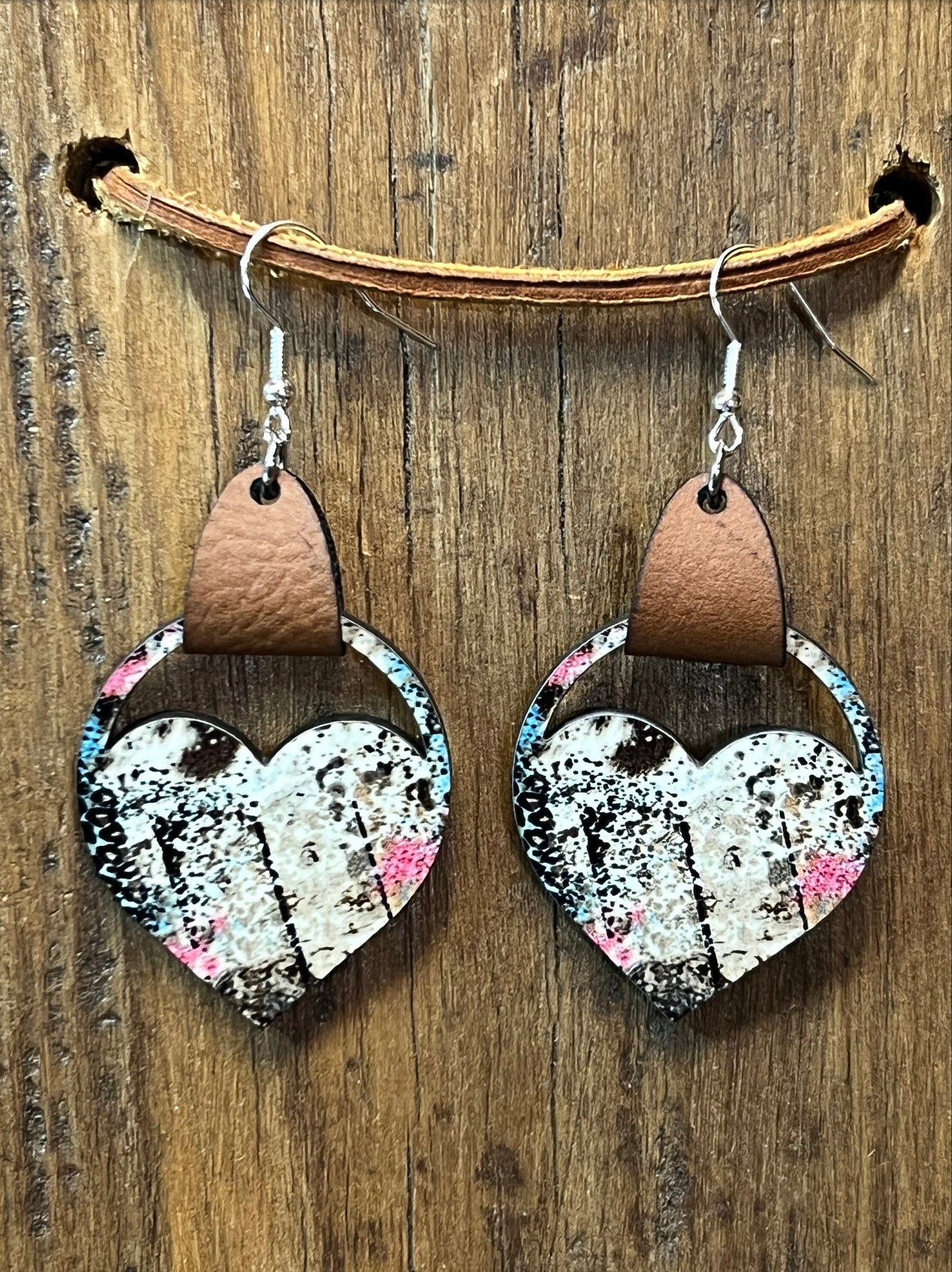 Rustic Cheetah Print Open Heart Wood Earrings