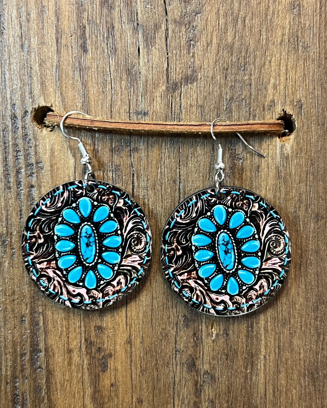 Western Tooled Leather & Turquoise Wood Earrings