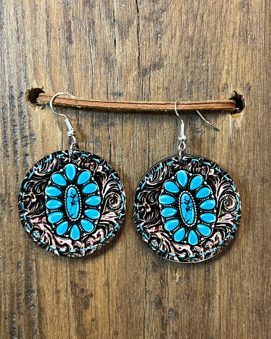 Western Tooled Leather & Turquoise Wood Earrings