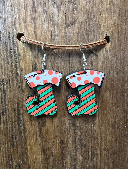 Polka Dots and Stripes Christmas Stocking Wood Earrings