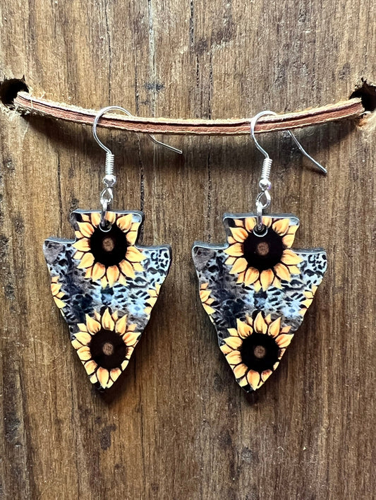 Rustic Sunflower Arrowhead Wood Earrings