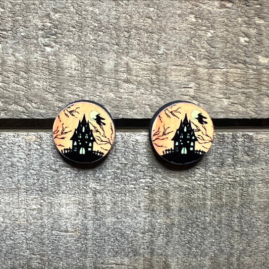 Halloween Haunted House Wood Stud Earrings