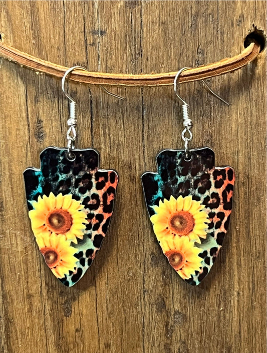 Cheetah with Sunflower Wood Arrowhead Earrings