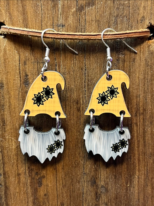 Sunflower Gnome Wood Earrings