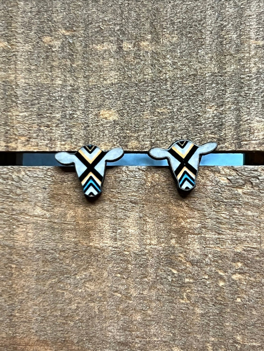 Aztec Cow Wood Stud Earrings