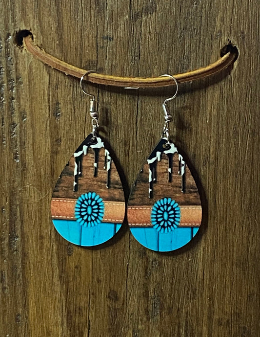 Western Cow Hide and Turquoise Wood Earrings