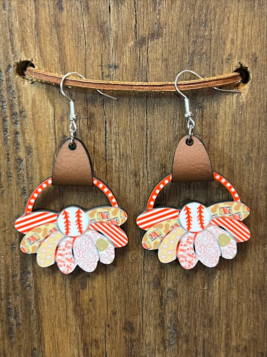 Baseball Flower Faux Leather Wood Earrings