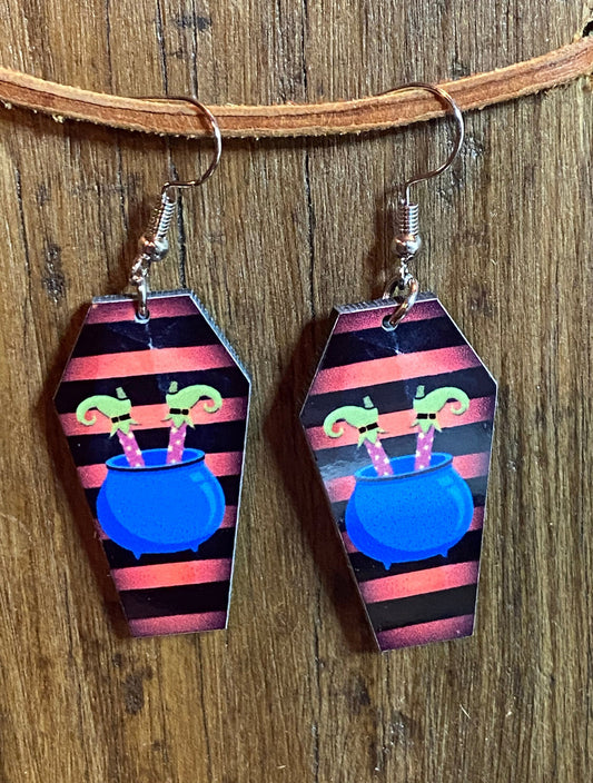 Witch Legs Coffin Wood Earrings