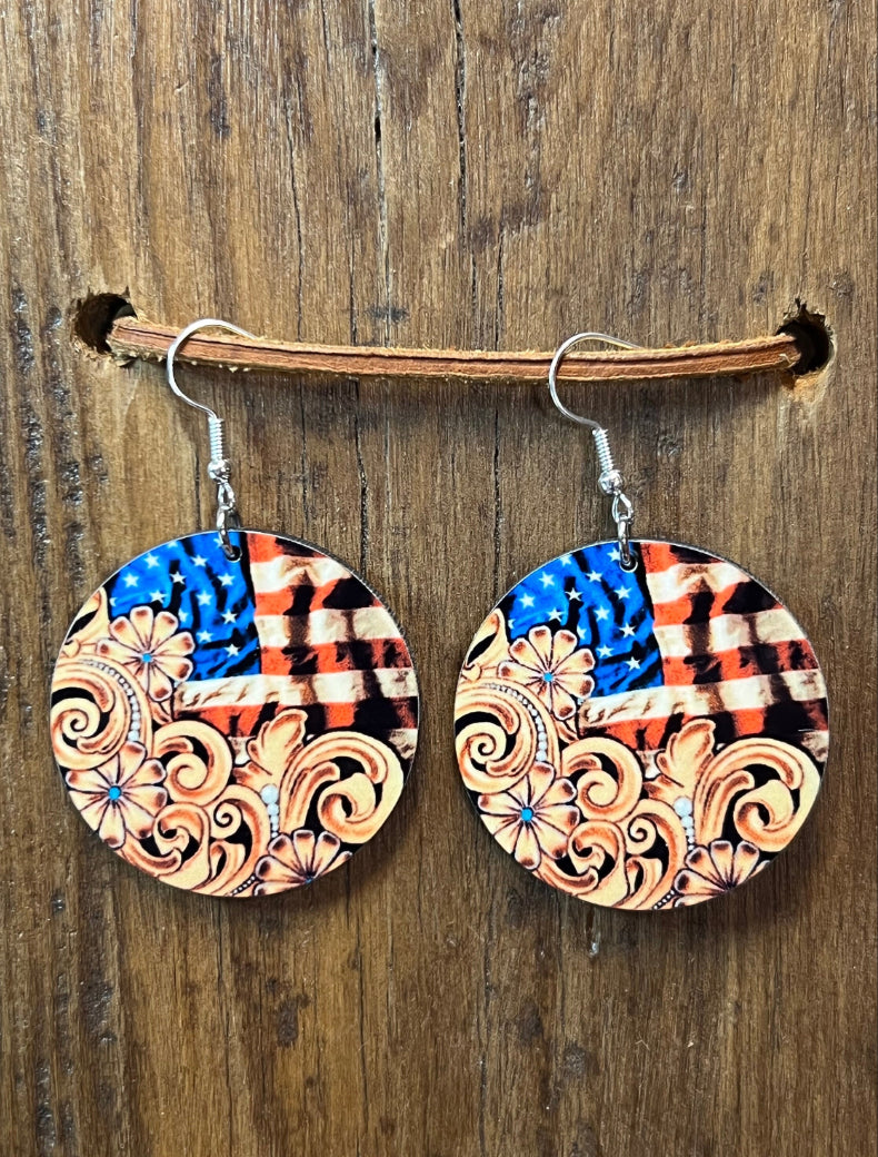 Americana Tooled Leather Wood Earrings