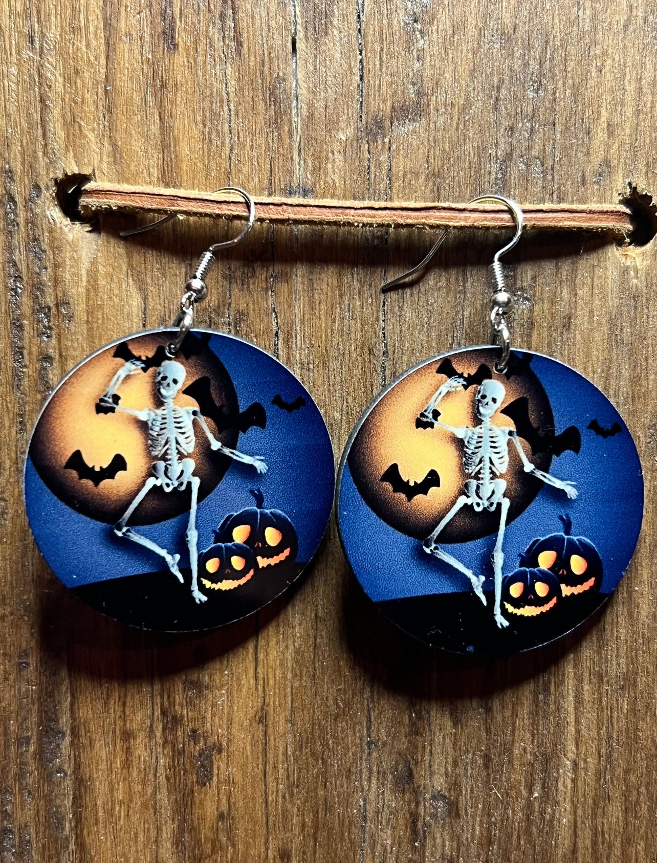 Dancing Skeleton Wood Halloween Earrings