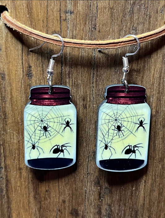 Jar of Spiders Halloween Wood Earrings