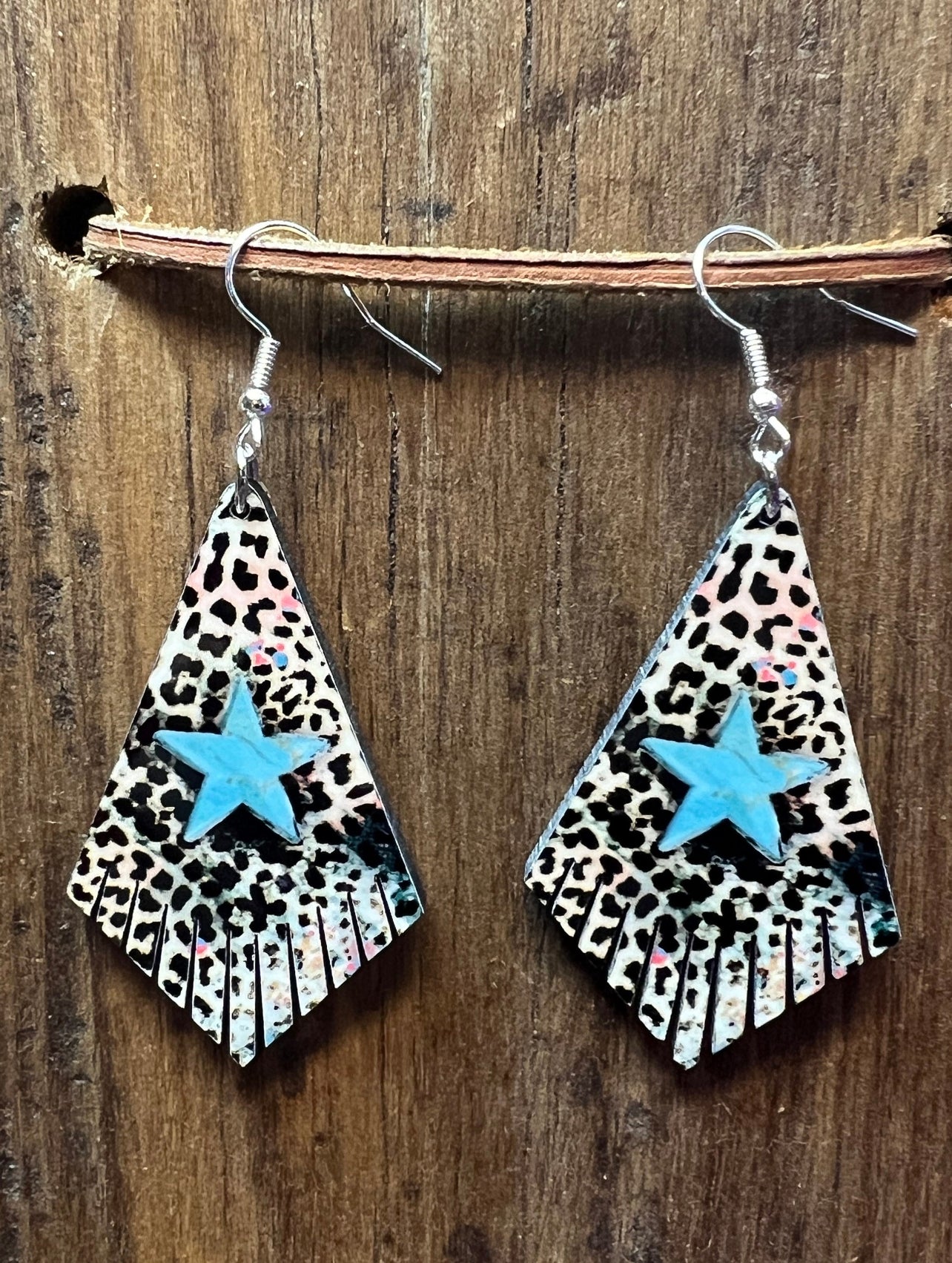 Cheetah Star Fringe Wood Earrings