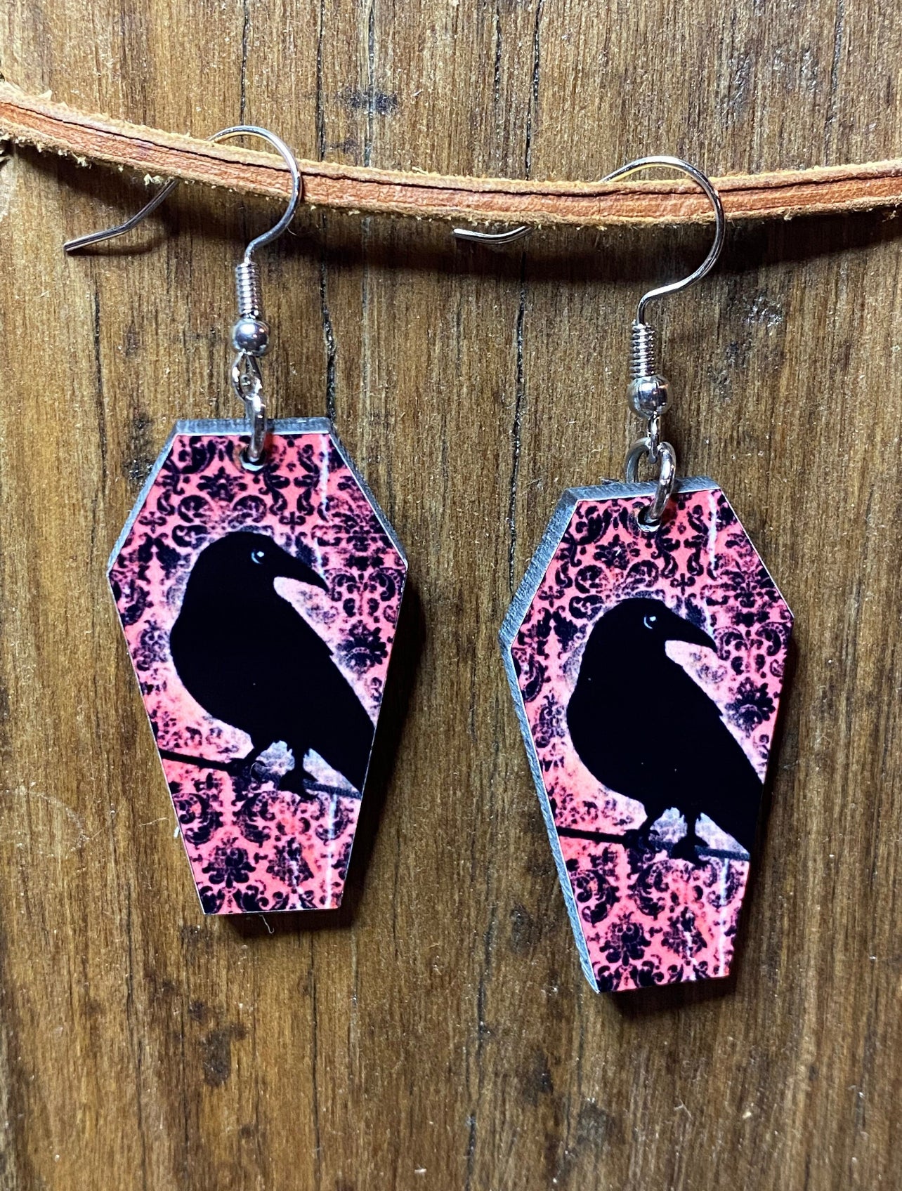 Black Crow Coffin Wood Earrings