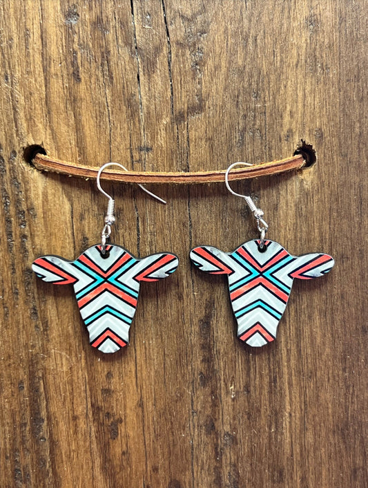 Aztec Cow Wood Earrings