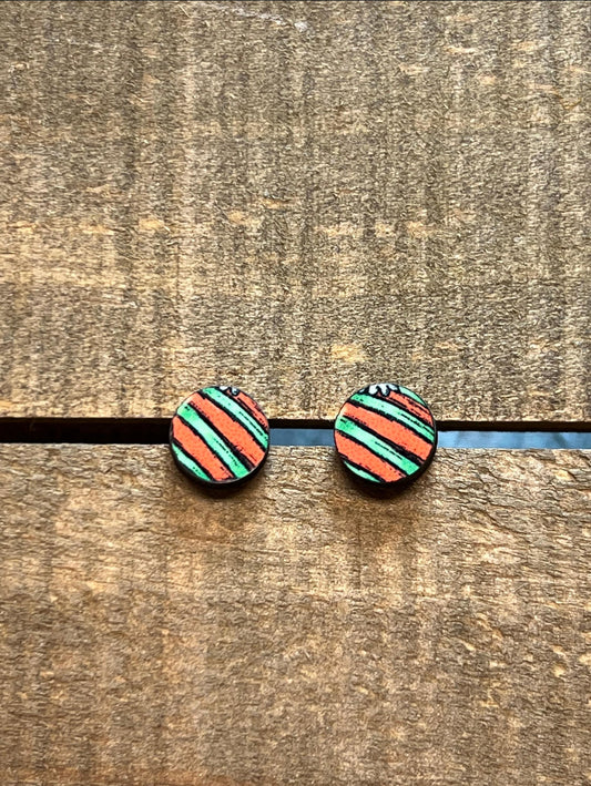 Red & Green Striped Wood Stud Earrings