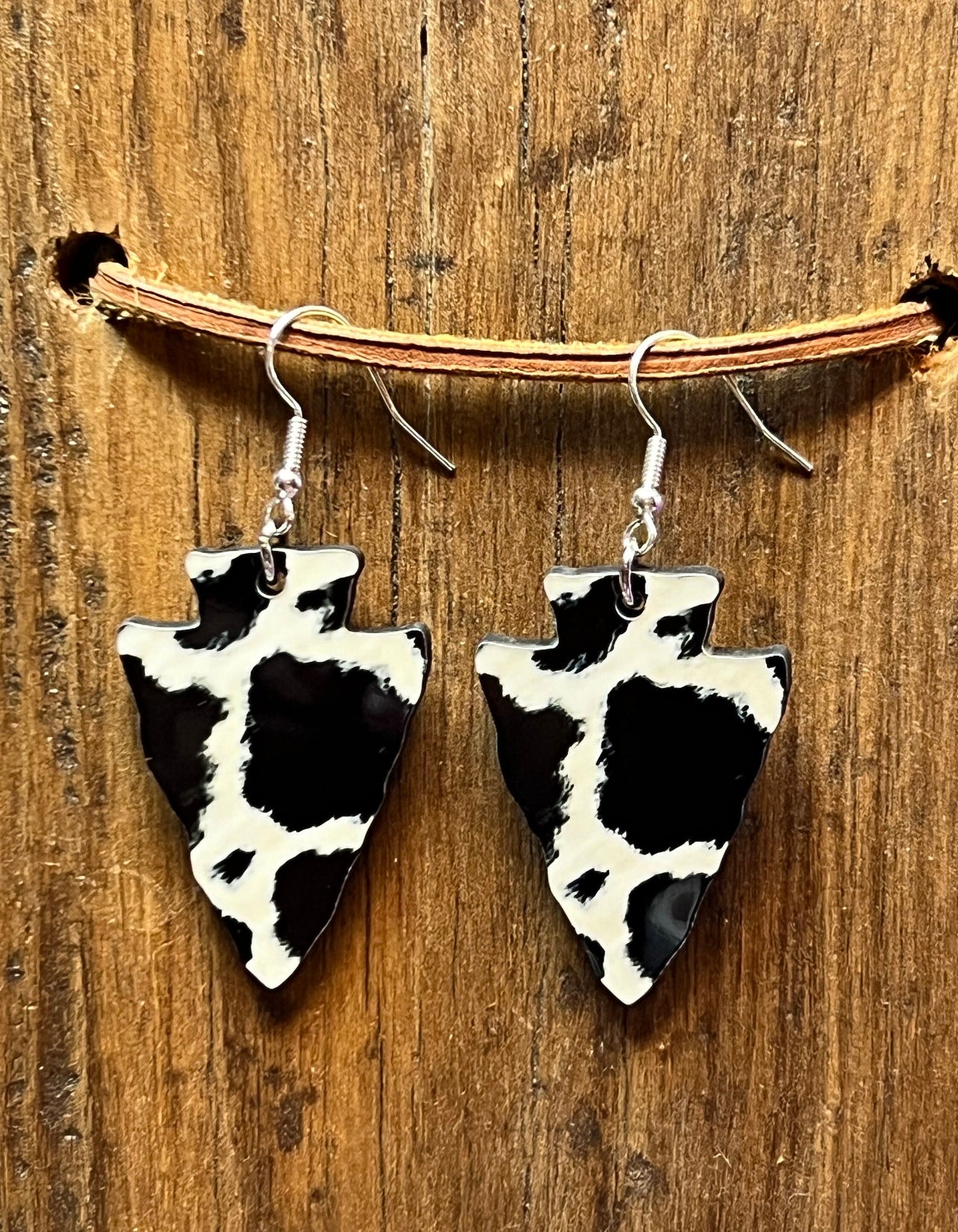 Cowhide Arrowhead Wood Earrings