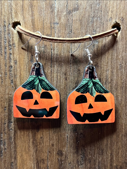 Jack-O-Lantern Wood Ear Tag Earrings