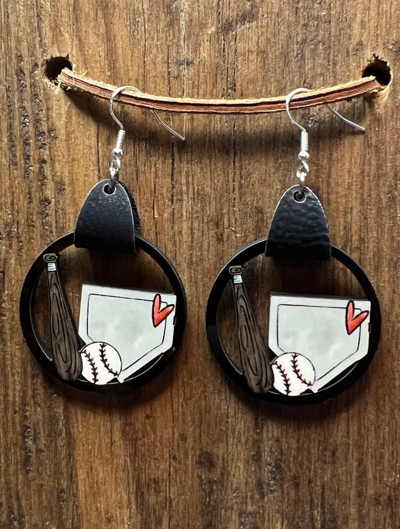 Baseball Diamond with Faux Leather Wood Earrings