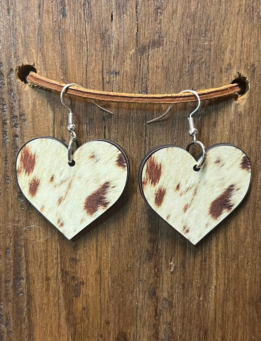 Cowhide Wood Heart Earrings