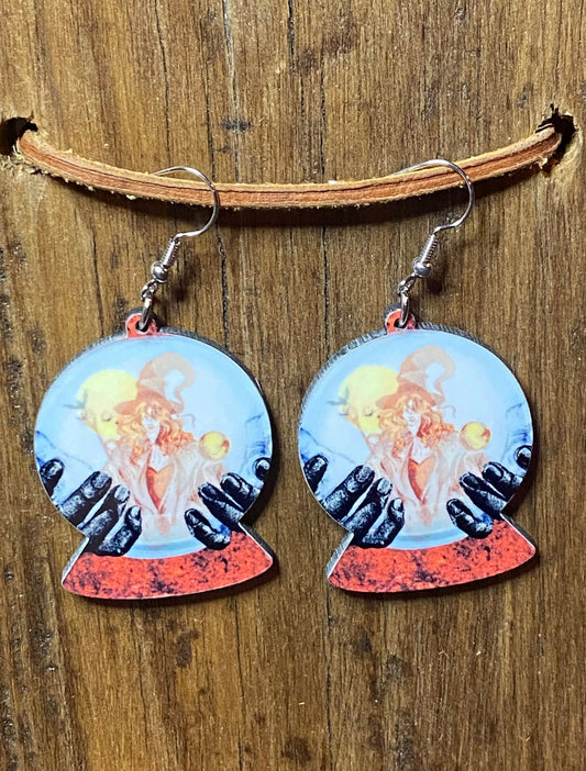 Spooky Halloween Witch Snow Globe Wood Earrings