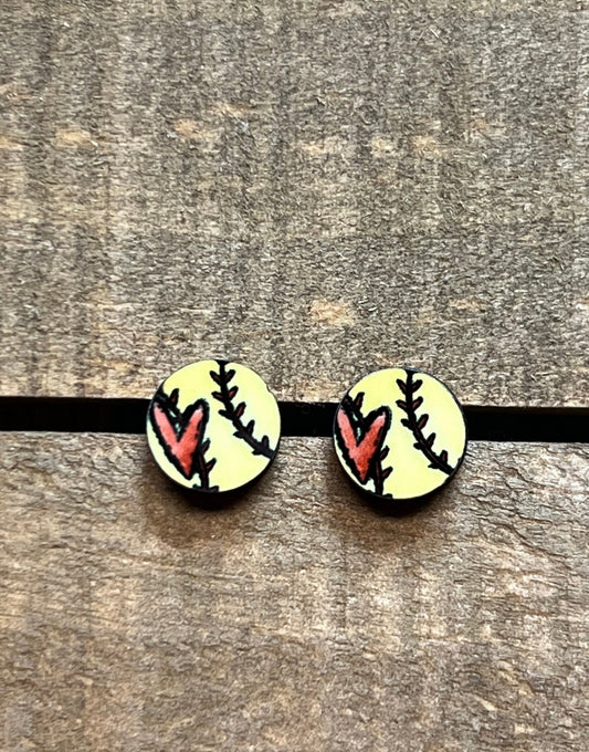 Softball with Heart Wood Stud Earrings