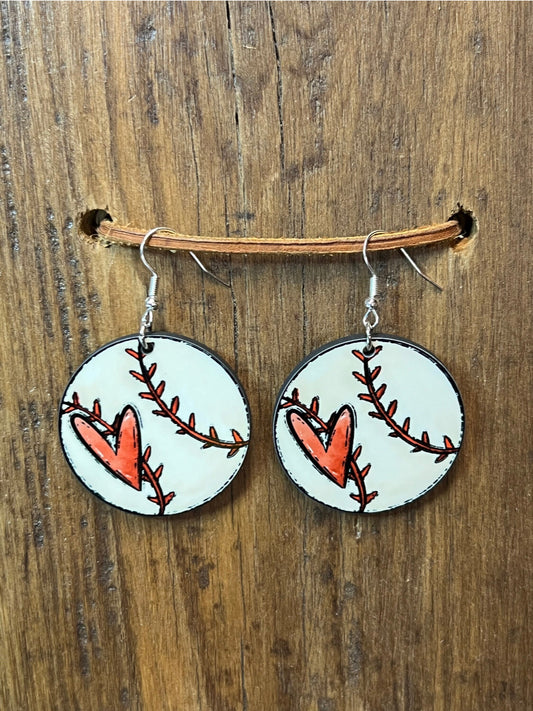 Baseball with Heart Wood Earrings