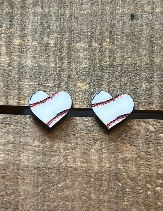 Baseball Heart Wood Stud Earrings