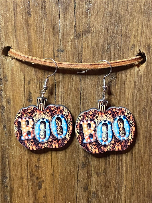 BOHO Halloween Boo Wood Pumpkin Earrings