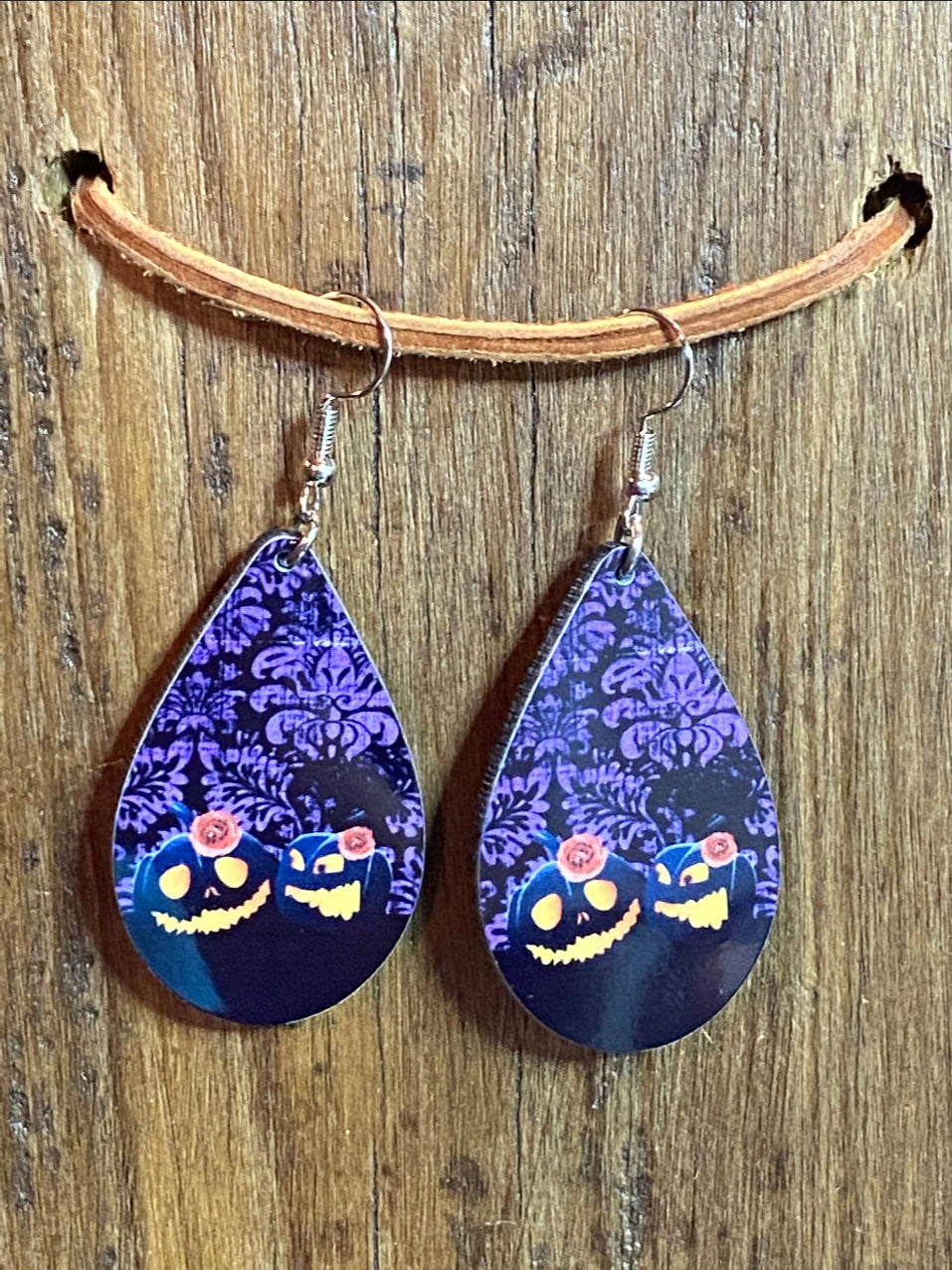 Jack-O-Lantern Halloween Wood Teardrop Earrings