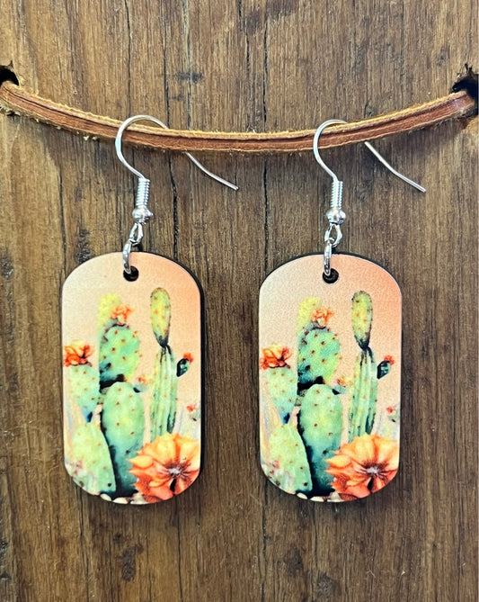 Cactus Wood Dog Tag Earrings