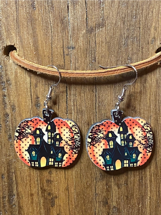 Pumpkin Halloween House Wood Earrings