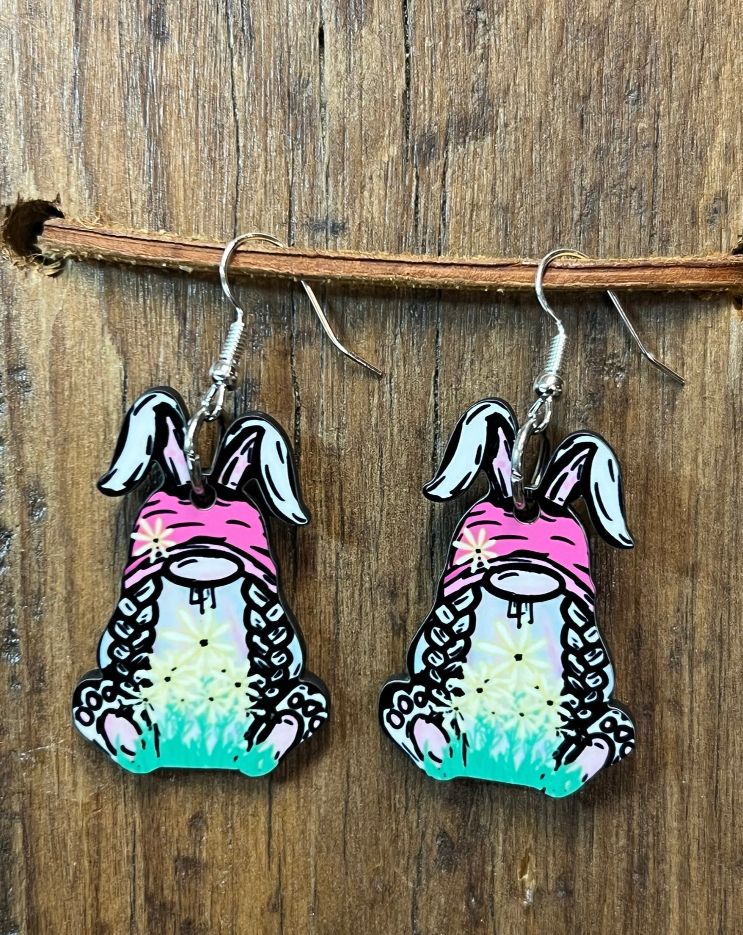 Spring Gnome Easter Bunny Wood Earrings