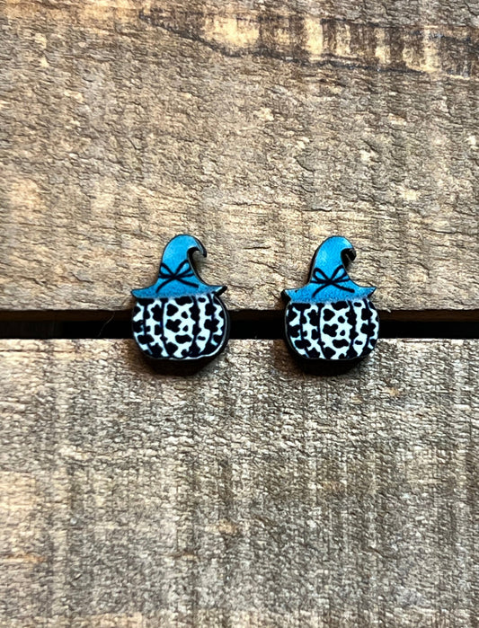 Cow Print Turquoise Pumpkin Witch Wood Stud Earrings