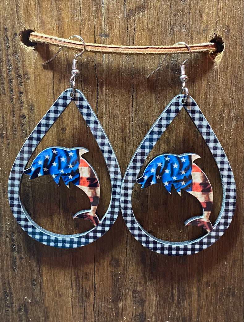 American Flag Dolphin Wood Earrings