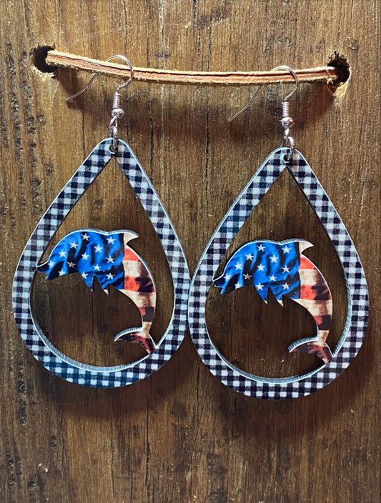 American Flag Dolphin Wood Earrings