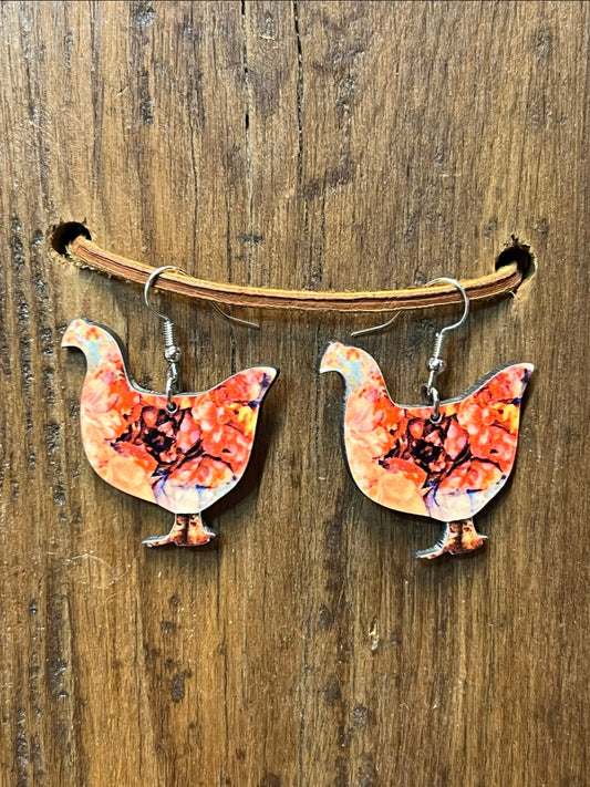 Floral Chicken Wood Earrings