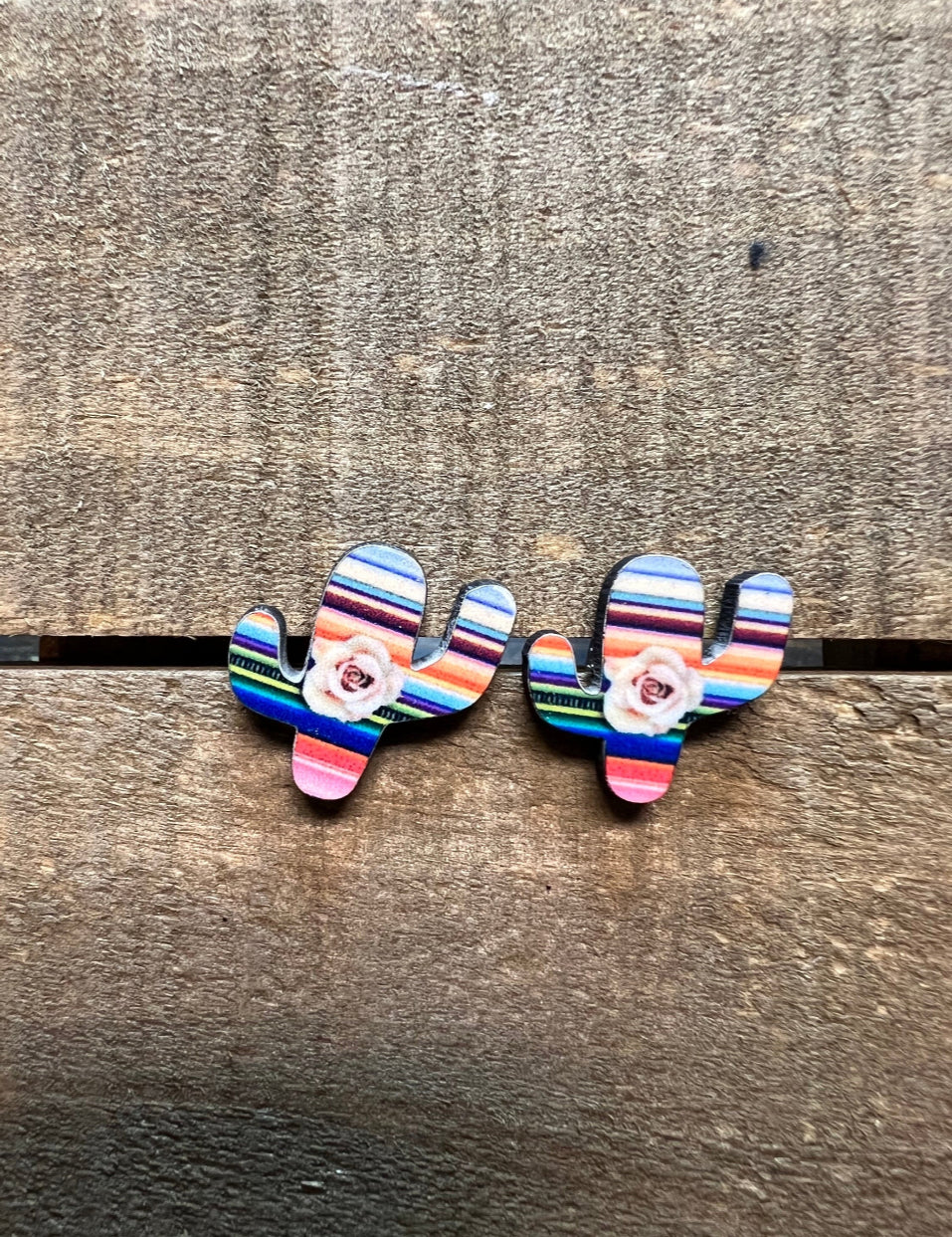 Serape Cactus Wood Stud Earrings