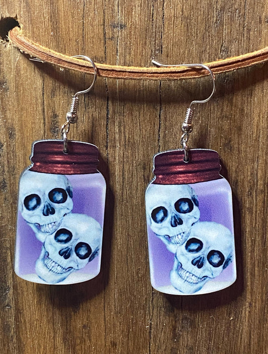 Jar of Skulls Wood Halloween Earrings