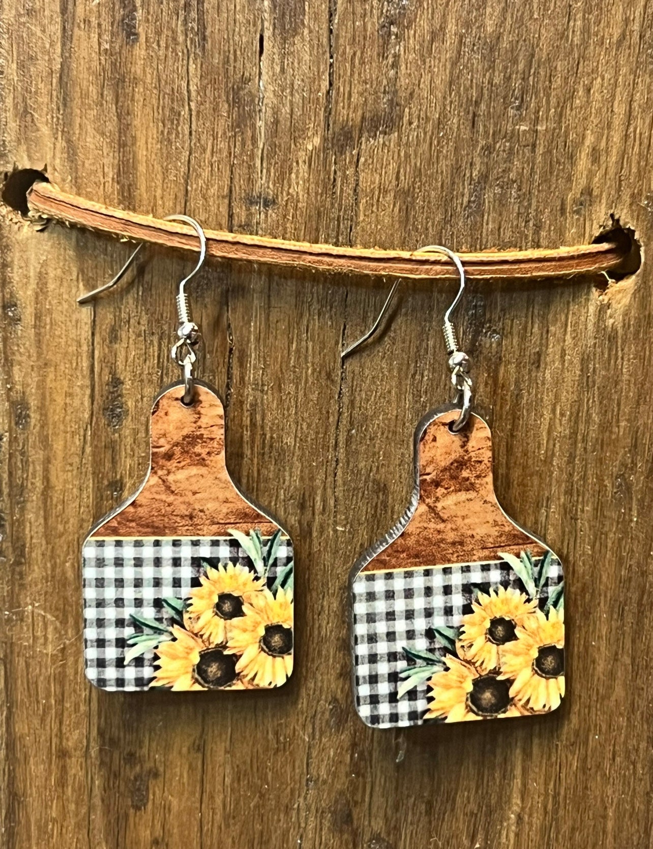 Buffalos Plaid & Sunflower Ear Tag Wood Earrings