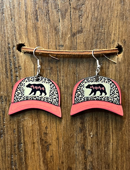 Mama Bear Baseball Cap Wood Earrings