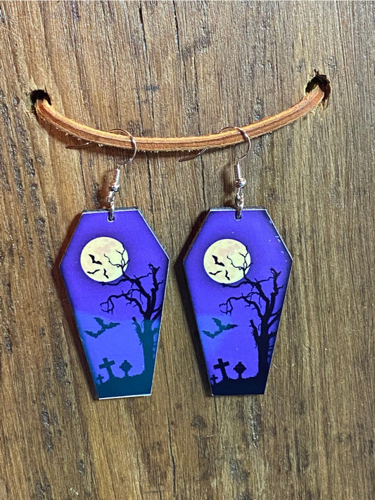 Spooky Graveyard Coffin Halloween Wood Earrings