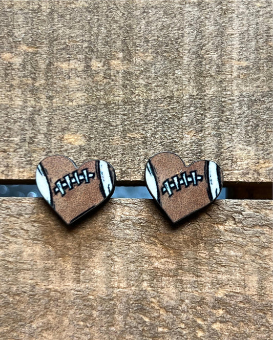 Football Heart Wood Stud Earrings