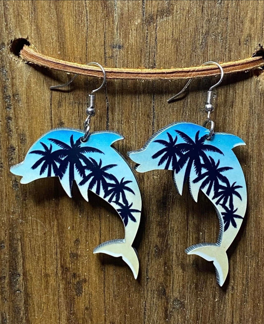 Palm Tree Dolphin Wood Earrings